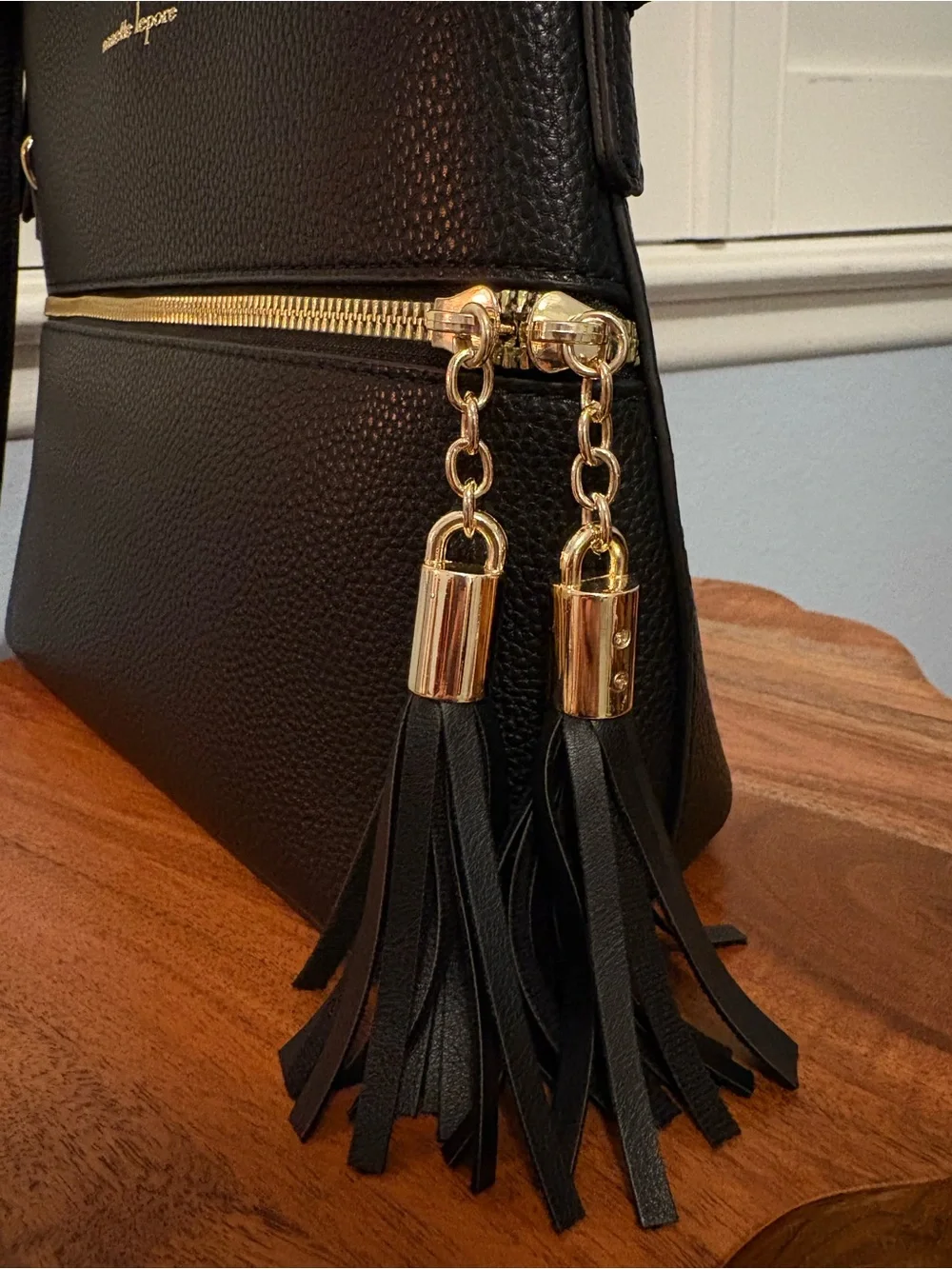 Nanette Lepore Black Pebbled Leather Messenger with Gold Accents